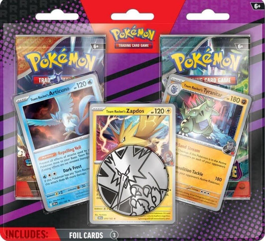Pokémon TCG Team Rocket 2-Pack Blister — Articuno, Zapdos, Tyranitar foils + 2 packs + coin, sealed