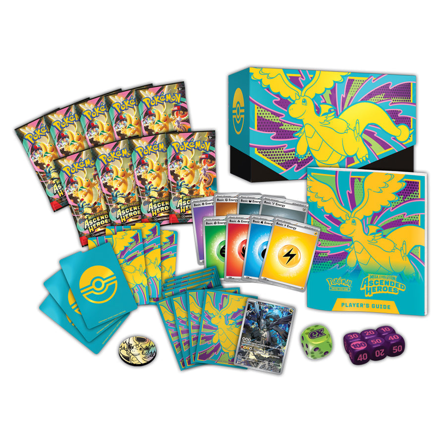 Ascended Heroes ETB contents — 9 packs, N's Zekrom promo, sleeves, dice
