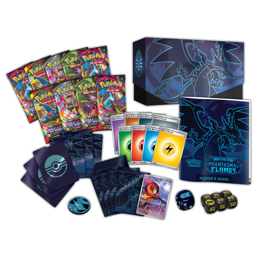 Phantasmal Flames ETB contents — 9 packs, Charcadet promo, sleeves, dice