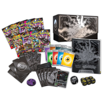 Pitch Black Elite Trainer Box — full contents: 9 packs, Zarude promo, sleeves, dice